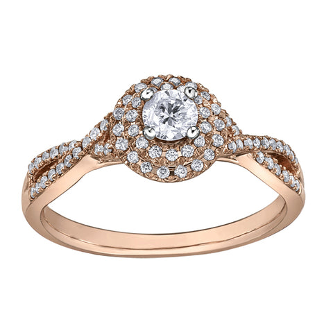 14k White Gold Three Stone Diamond Halo Ring