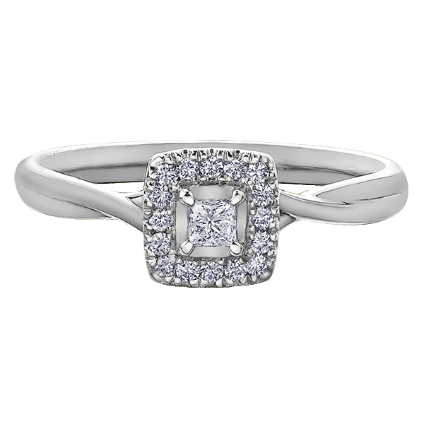 10k White Gold Canadian Princess Cut Diamond Halo Engagement Ring