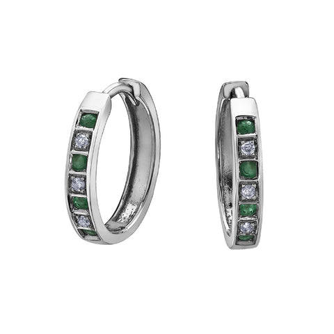 10k White Gold Diamond & Emerald Huggie Earrings